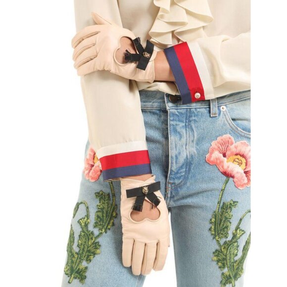 GUCCI GLOVES 477970 BEIGE LEATHER HEART CUT-OUT CAT FELINE HEAD sz L / 8 - Picture 1 of 12